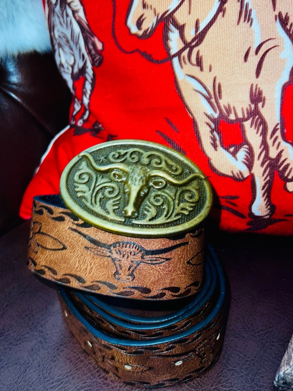 Western Brown Leather Belt with Longhorn Buckle
